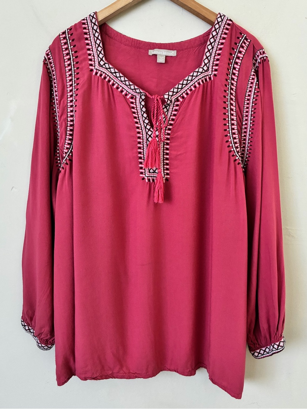 Woman Within Fall Raspberry Pink Embroidered Tassel Peasant Blouse 2X 26/28